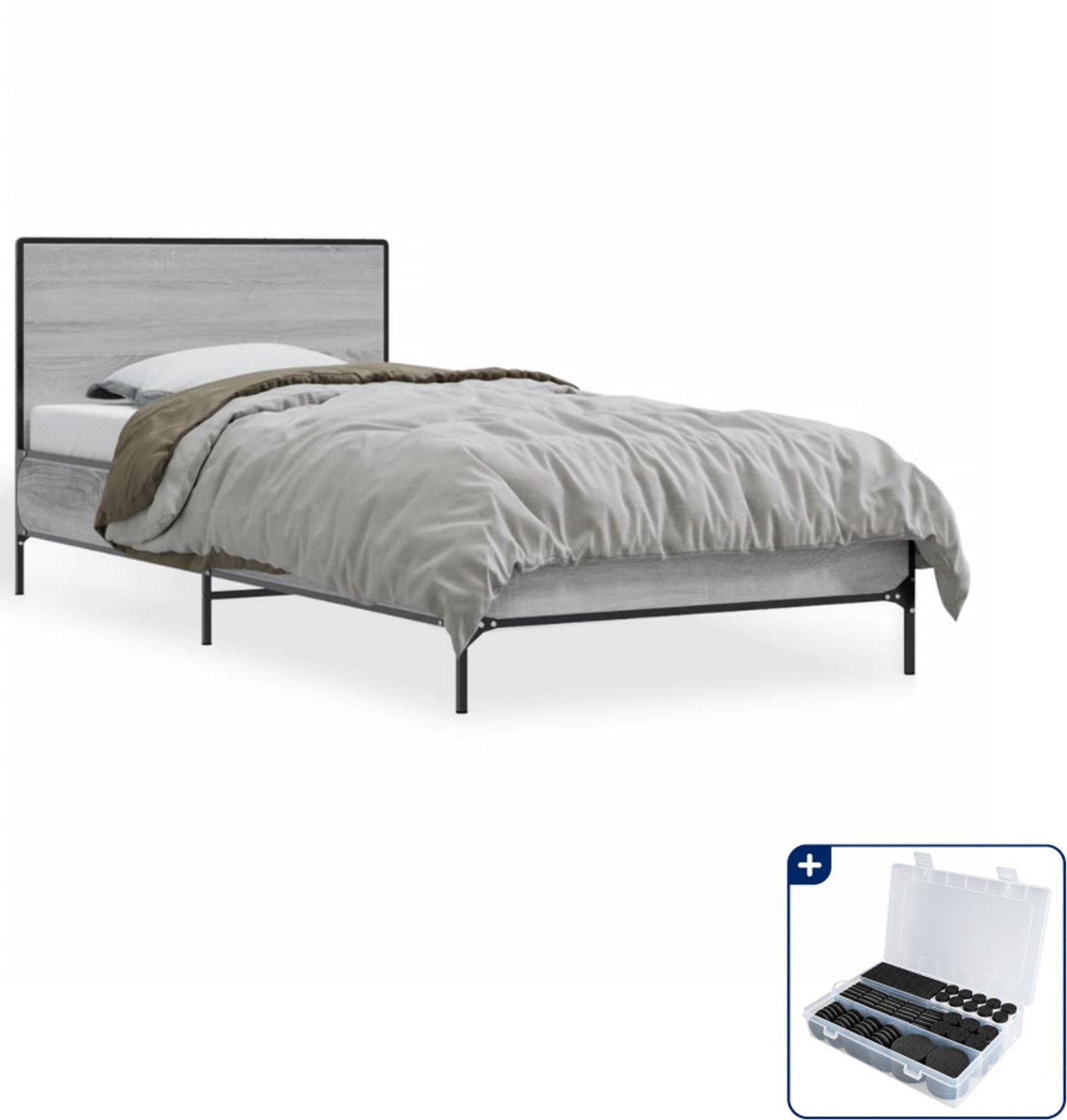 vidaXL bedframe - 75 x 190 cm - bewerkt hout en metaal - grijs - Inclusief antikrasvilt 177-delig