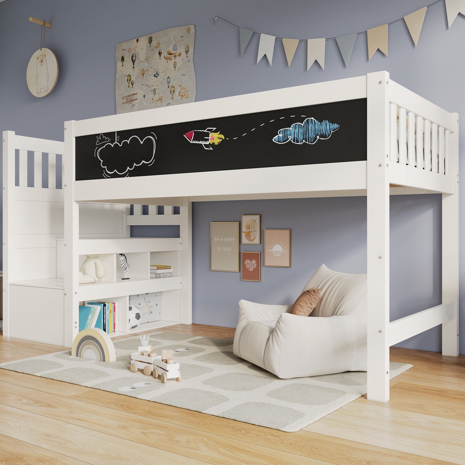 Maisentiel Wit kinderhoogslaper 90 x 200 cm met trapkast, opbergruimte en schrijfbord