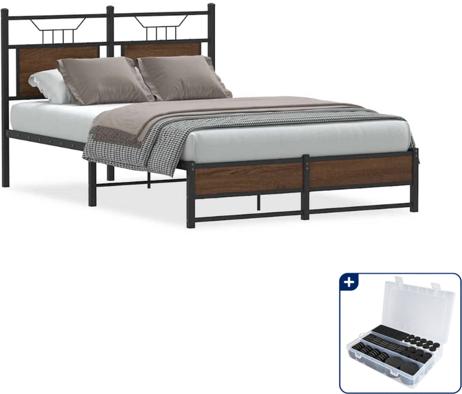 vidaXL Bedframe - 120 x 200 cm - bewerkt hout - bruineiken - Inclusief antikrasvilt 177-delig