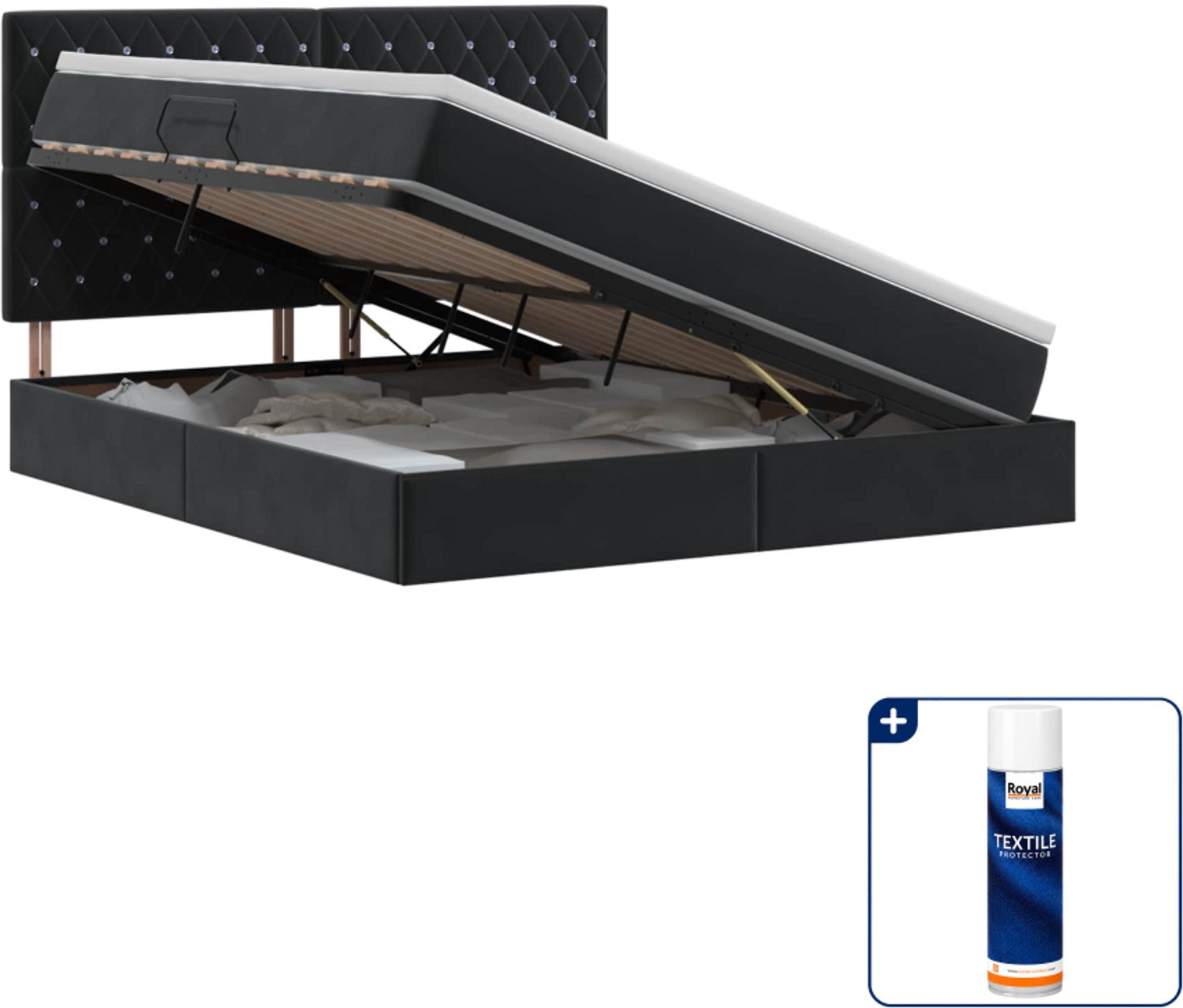 vidaXL opbergbed met matras - Queensize - 160 x 200 cm - zwart - Inclusief textielbeschermer 500 ml