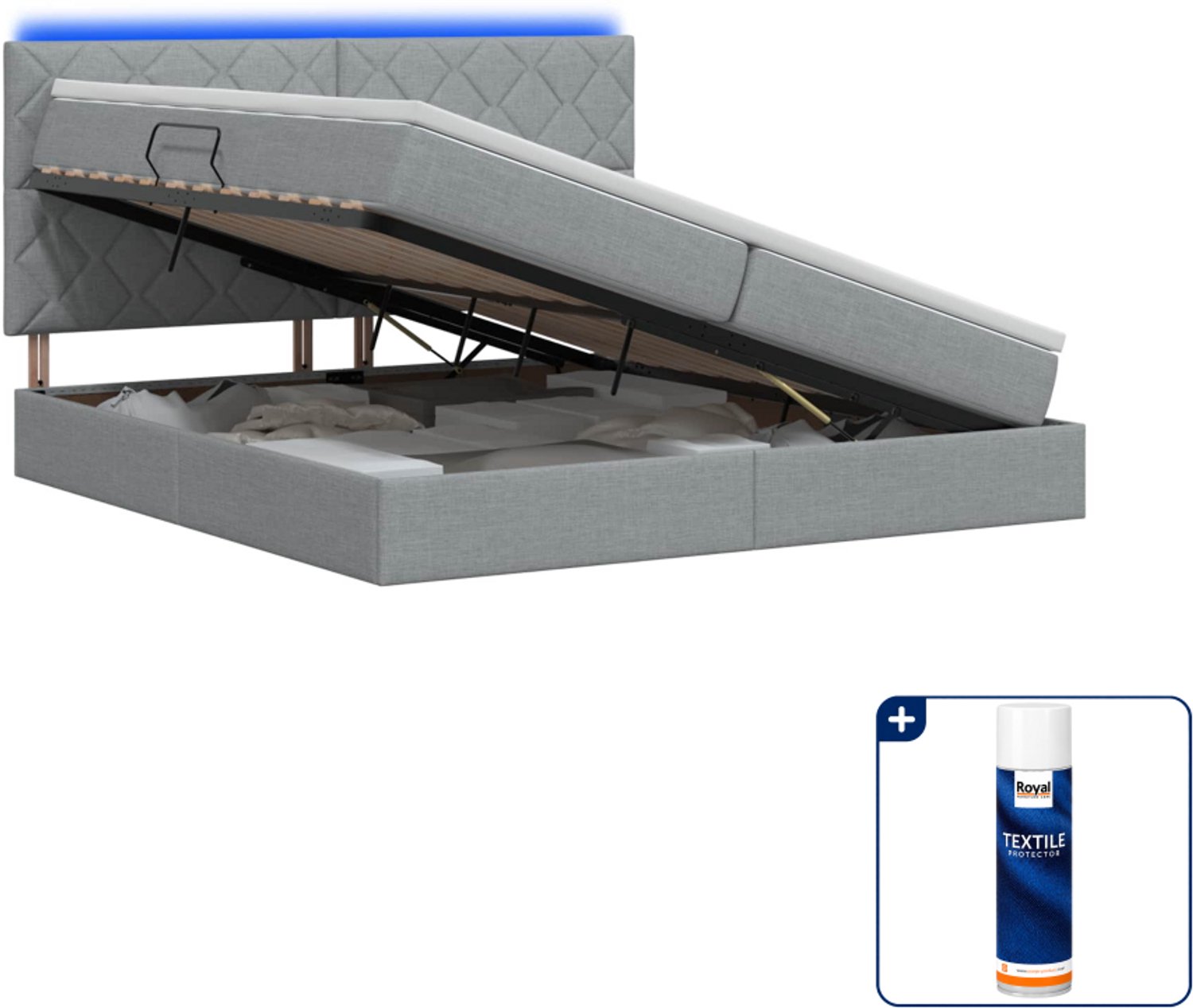 vidaXL LED opslagbed - Super kingsize - 200 x 200 cm - lichtgrijs - Inclusief textielbeschermer 500 ml