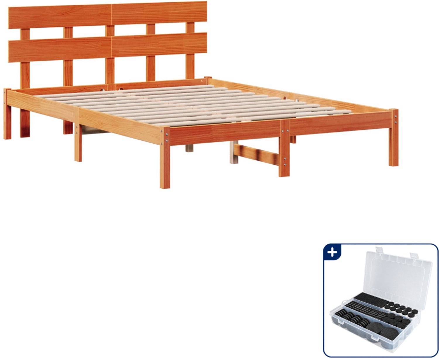 vidaXL Bedframe met hoofdeinde - Small double 140 x 200 cm - Bruin - Inclusief antikrasvilt 177-delig