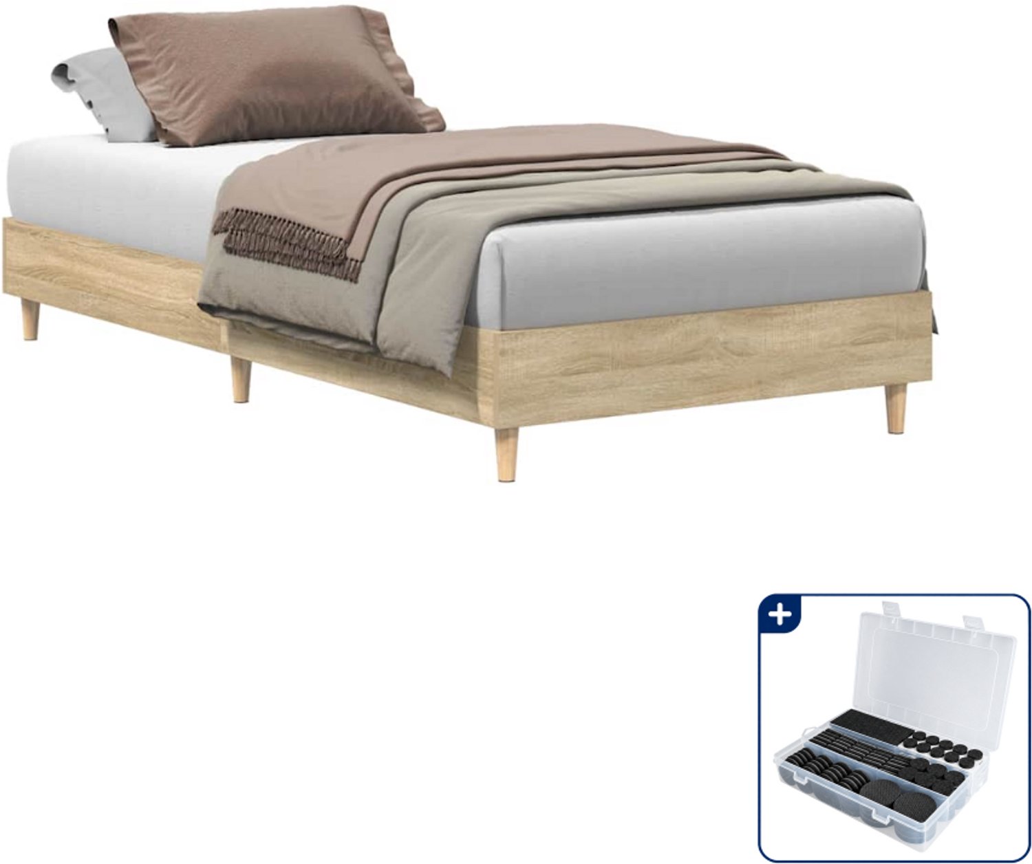 vidaXL bedframe - 75 x 190 cm - bewerkt hout - sonoma eiken - Inclusief antikrasvilt 177-delig Bruin