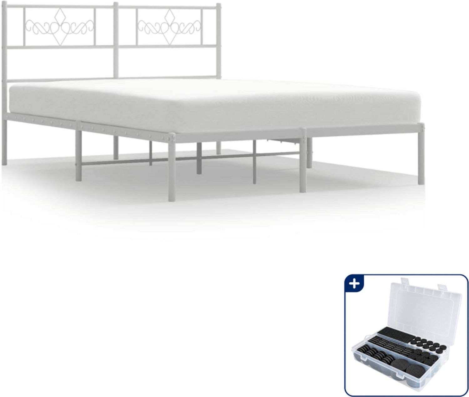 vidaXL Bedframe 140 x 190 cm - metaal - wit - Inclusief antikrasvilt 177-delig