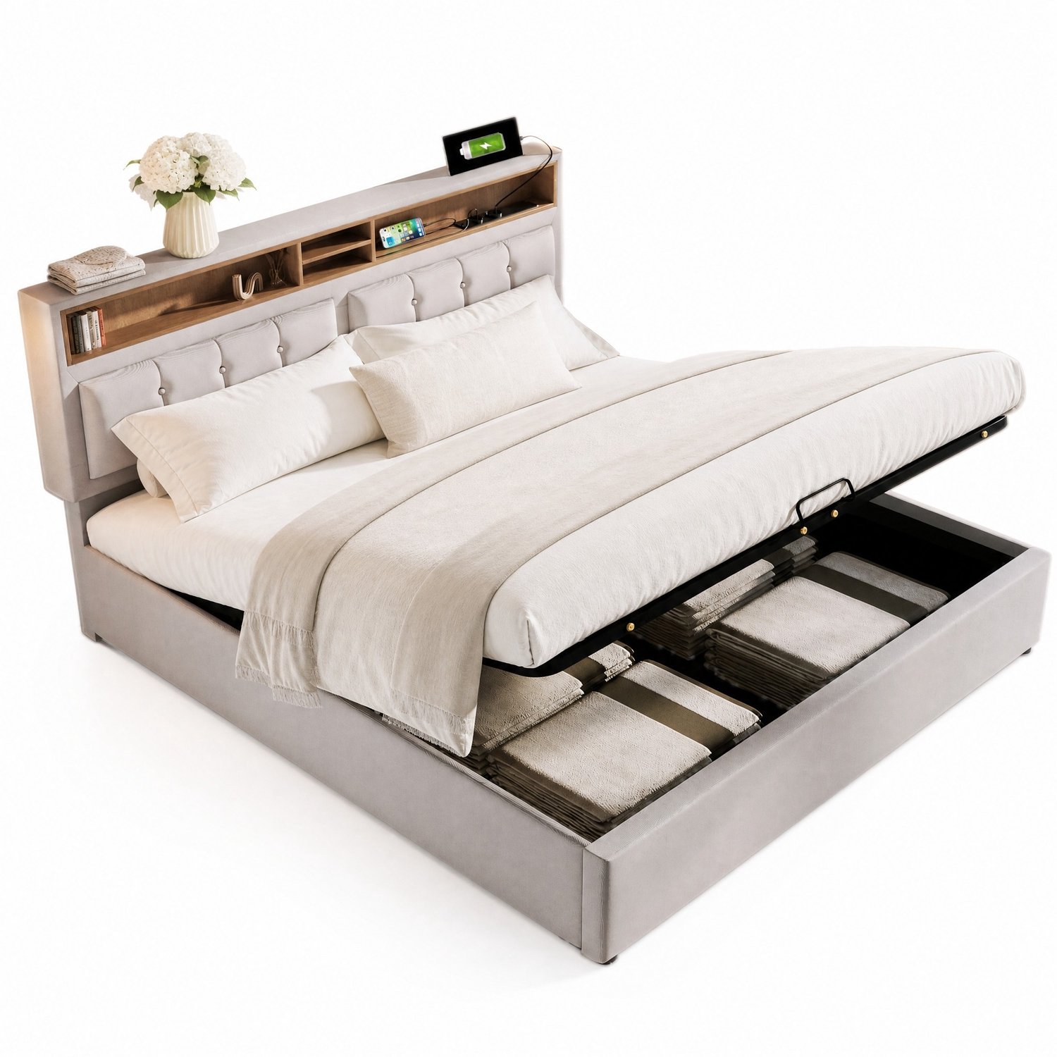 Maisentiel Gestoffeerd bed 140 x 200 cm - Beige - Opbergruimte - Verstelbaar hoofdeinde met USB-C