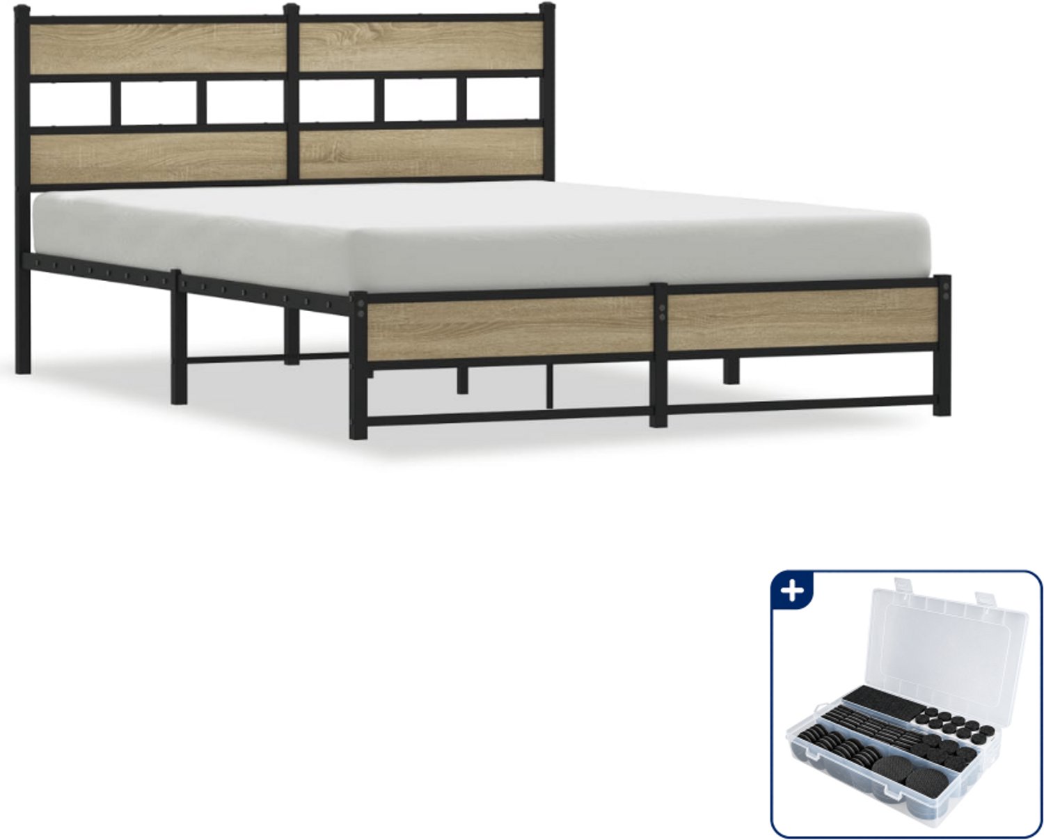 vidaXL Bedframe - Queensize - 160 x 200 cm - staal en hout - sonoma - Inclusief antikrasvilt 177-delig Bruin