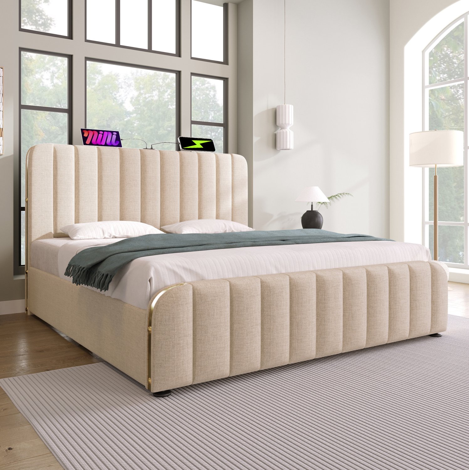 Maisentiel Gestoffeerd bed 140 x 200 cm - beige - opbergruimte, USB en USB-C