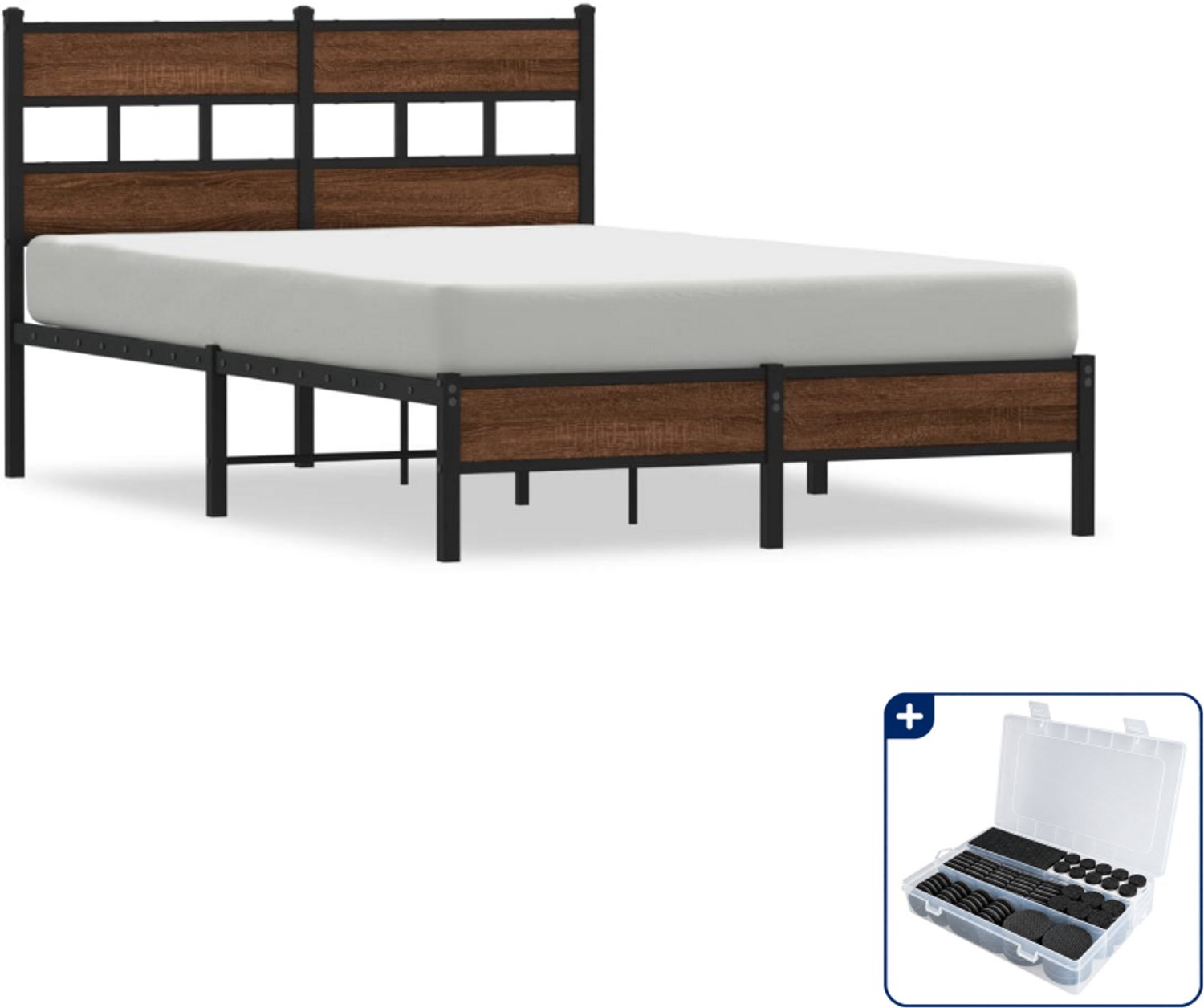 vidaXL bedframe - 120 x 200 cm - staal en bewerkt hout - bruineiken - Inclusief antikrasvilt 177-delig