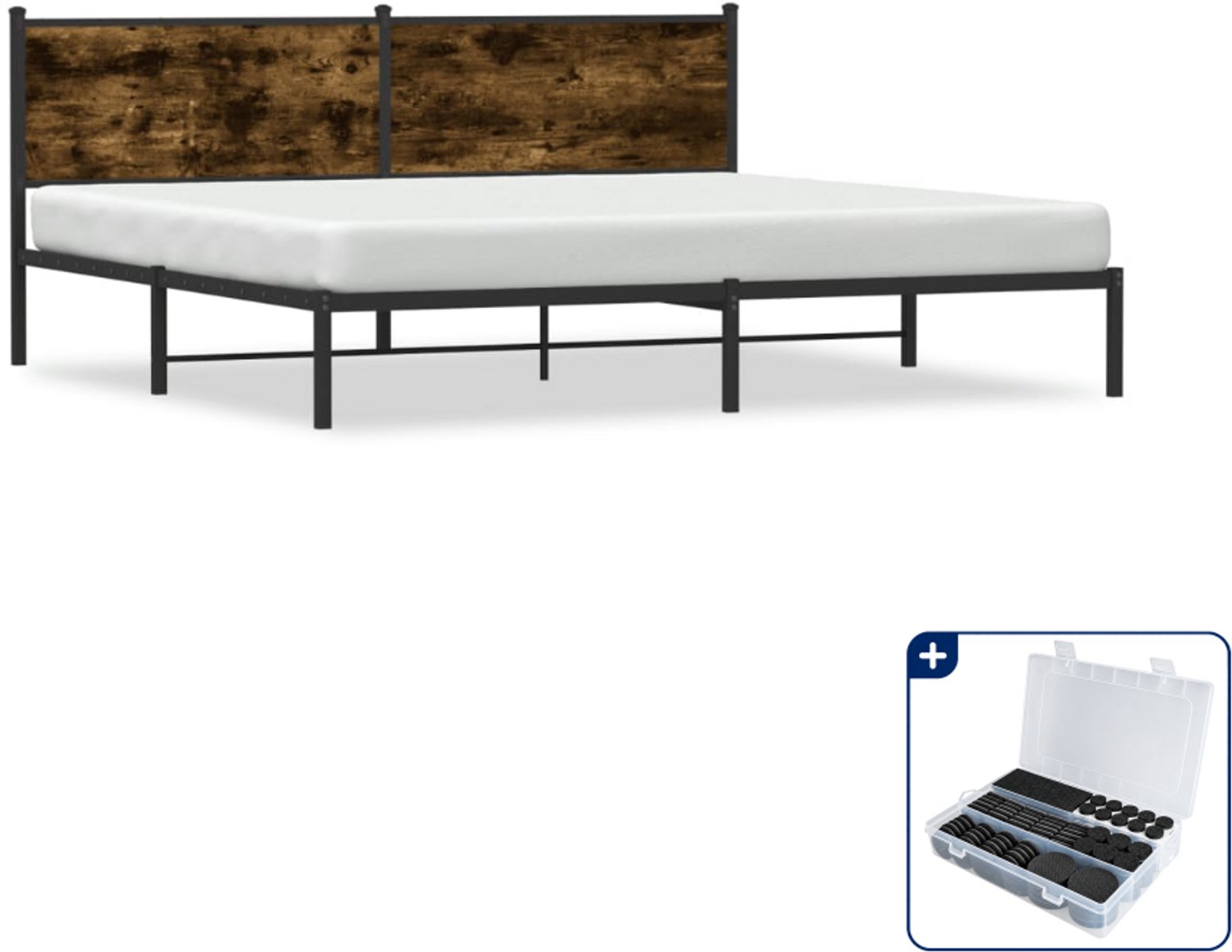 vidaXL bedframe - 193 x 203 cm - staal en bewerkt hout - gerookt eiken - Inclusief antikrasvilt 177-delig Bruin