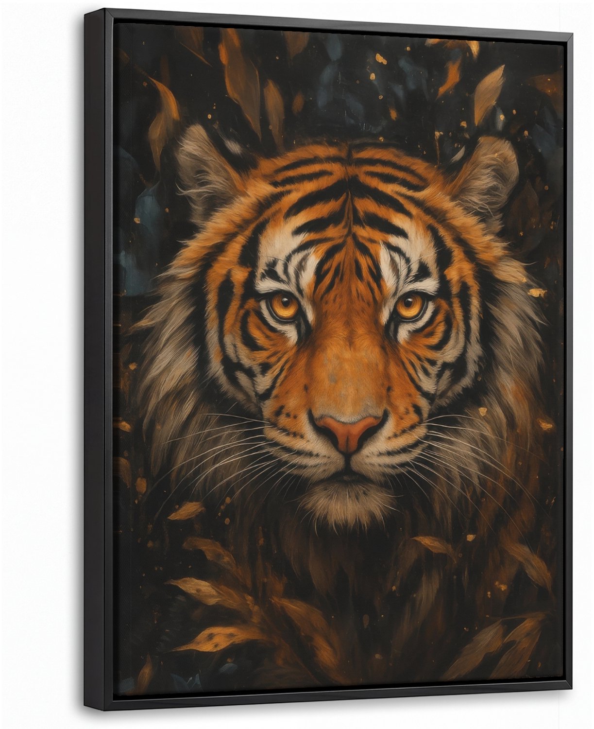 Canvas Schilderij met Baklijst 30x40cm - Bladeren - Tijger - Oranje - Muurdecoratie woonkamer - Slaapkamer decoratie - Kamer accessoires - Schilderijen op canvas met lijst
