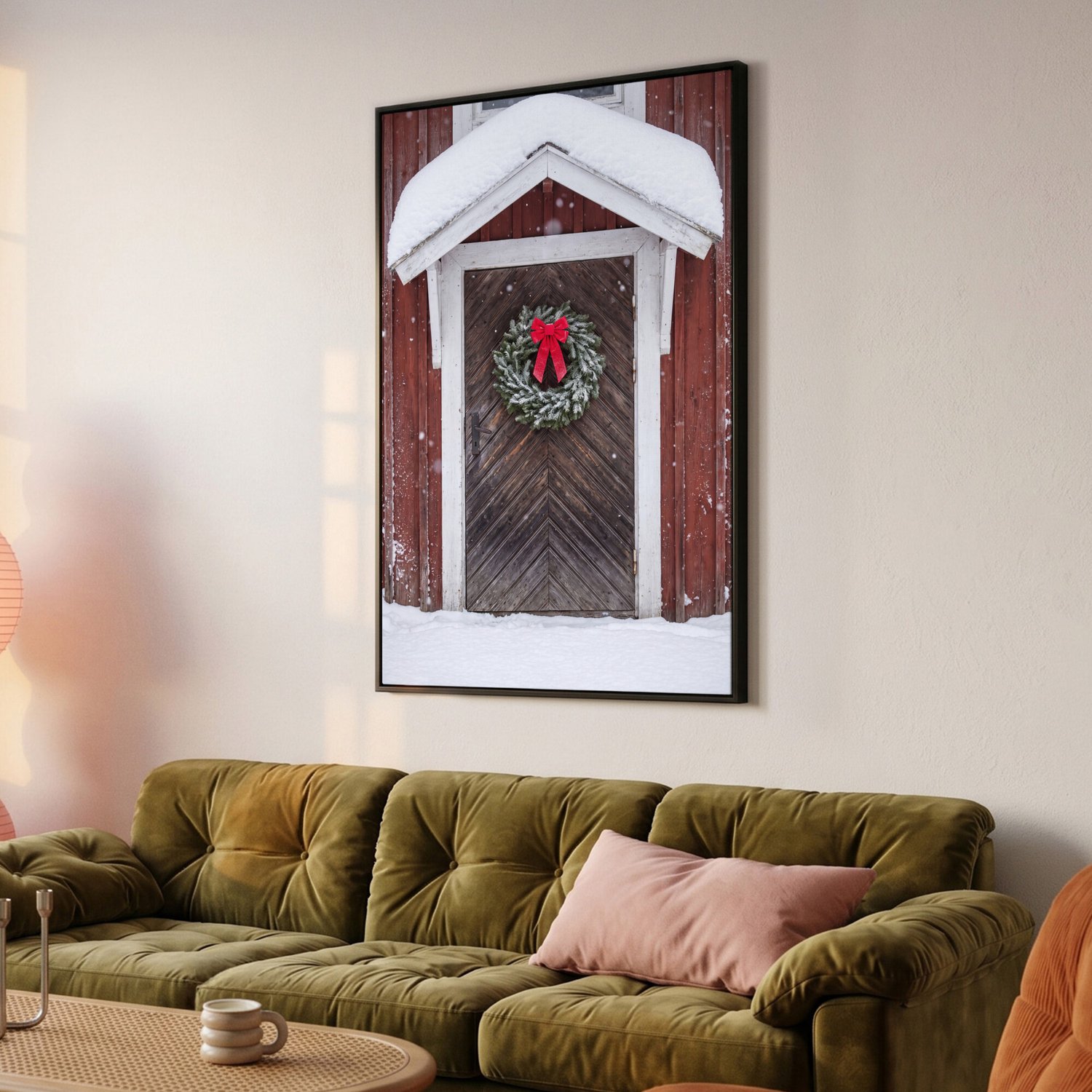 Canvas Schilderij met Baklijst XXL Canvas Schilderij met Baklijst 100x150cm - Deur - Kerstkrans - Winter - Muurdecoratie woonkamer - Slaapkamer decoratie - Kamer accessoires - Schilderijen op canvas met lijst groot – foto 6