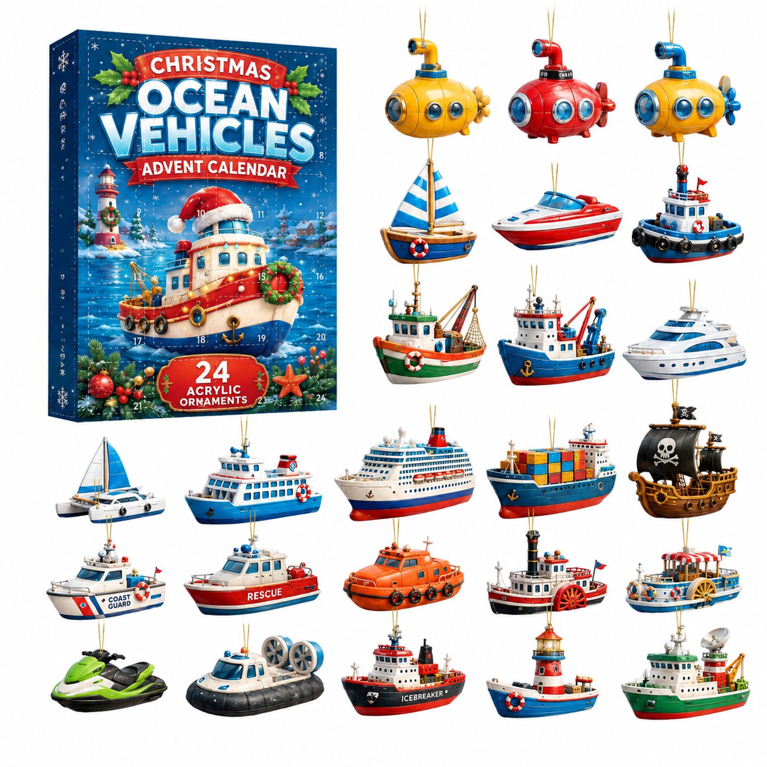 Adventskalender met maritieme hangdecoraties - 24 stuks - Piratenschipvariant - Verpakking 26 x 18 x 3 cm