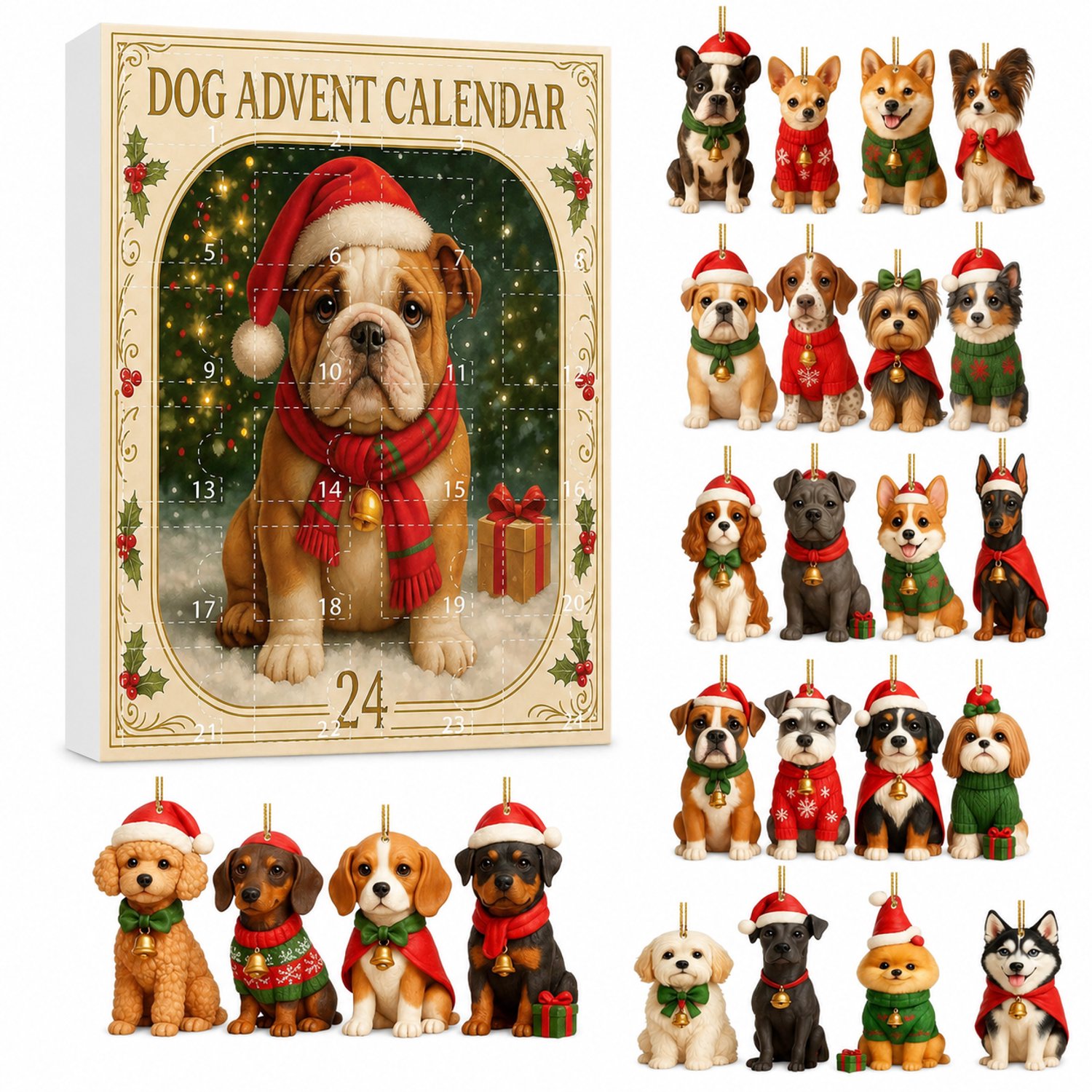 Adventskalender 2026 voor hondenliefhebbers - 24 vakjes met acryl hondenhangers - 26 x 18 x 3 cm