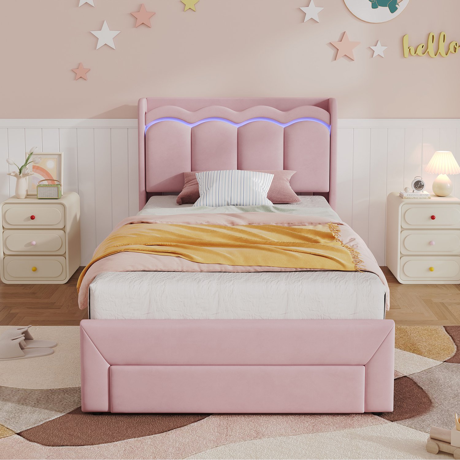 Wishdor Kinderbed 90x200 cm - Roze fluwelen bekleding en golvend hoofdbord - Bedlade en aflegvlak op hoofdbord - LED-verlichting met appbediening - Kinderkamer en tienerkamer