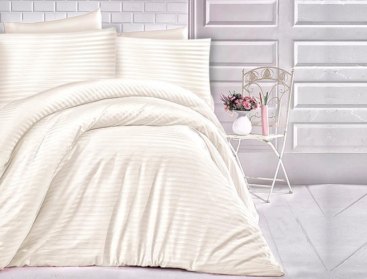 Cizgili Cream Katoen Satijn Beddengoed Set 160x200 cm
