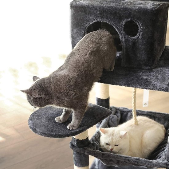 Kat krabpaal voor meerdere Katten - met Hokje en Plateaus - Grote of kleine Katten - Grijs en Wit