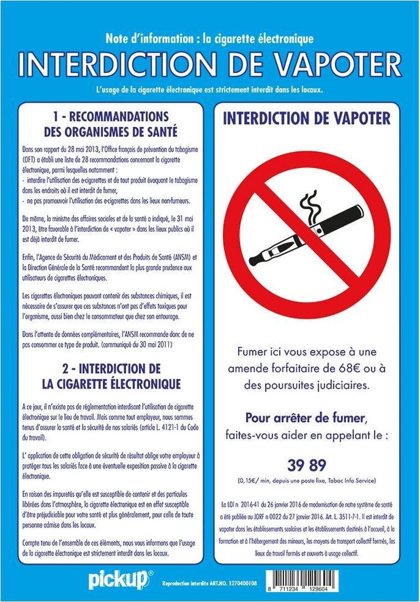 Pickup affichage Interdiction de Vapoter - 33x23 cm