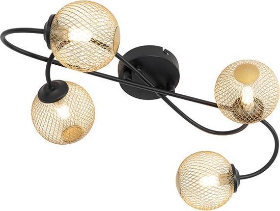 QAZQA athens - Landelijke Plafondlamp - 4 lichts - L 525 mm - Zwart Goud - Woonkamer | Slaapkamer | Keuken