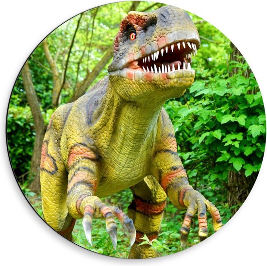 Dibond Wandcirkel - Groene Dinosaurus  - 50x50cm Foto op Aluminium Wandcirkel (met ophangsysteem)