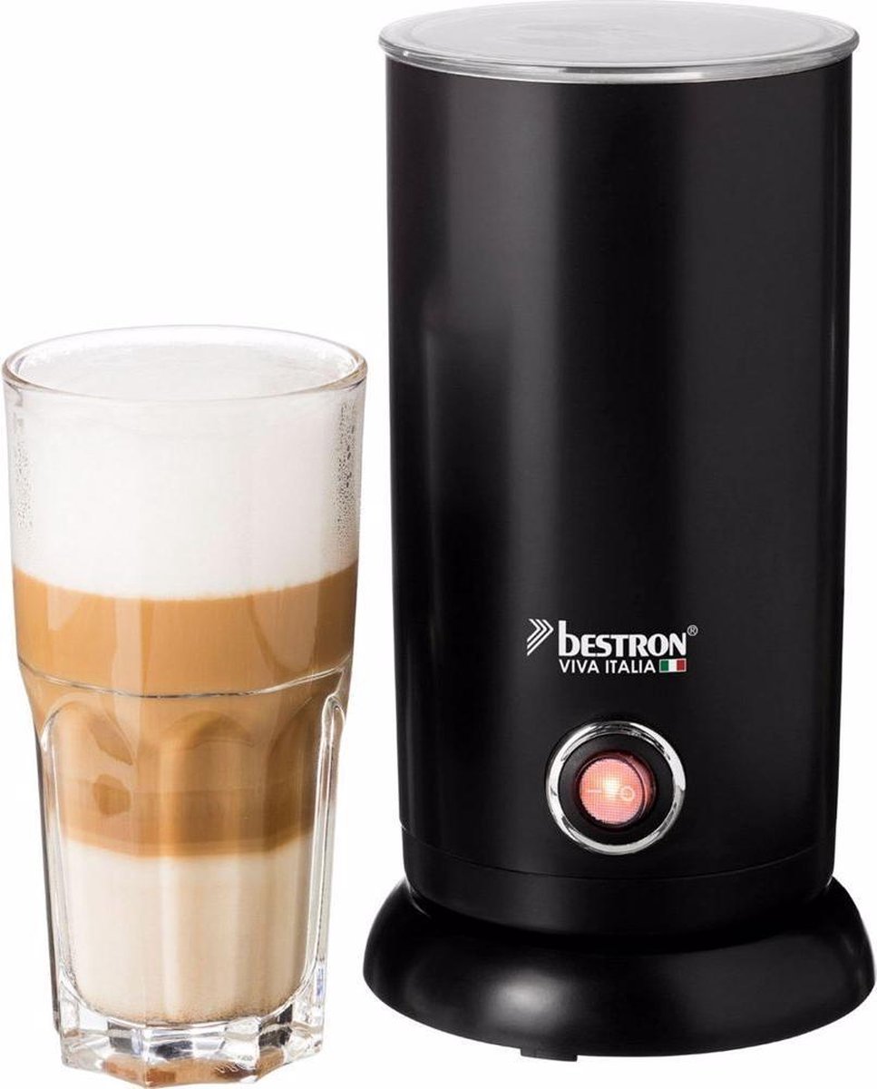 Bestron electrische Melkopschuimer, met 360° basis & tot 300ml capaciteit, opgeschuimde melk in minder dan 2 minuten, Ideaal voor koffie, cappuccino & latte macchiato, kleur: Zwart - Bestron