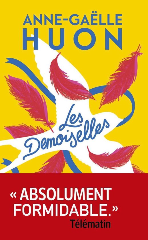 Livre "Les Demoiselles" sur fond jaune avec des rubans bleus et des plumes roses.