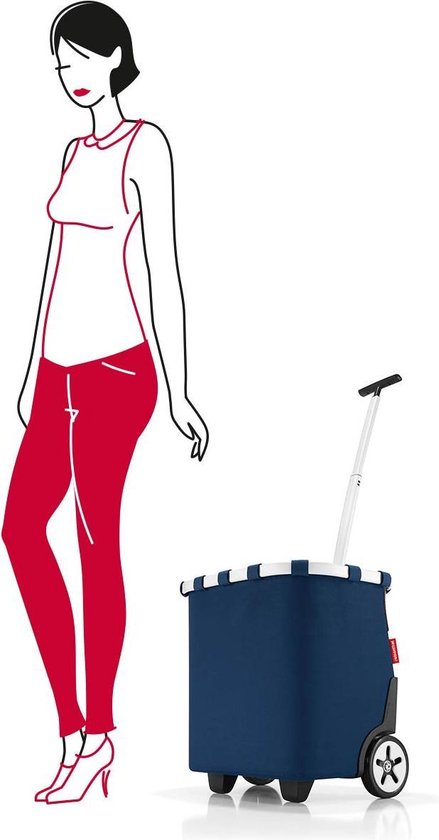 Illustratie van een vrouw in rode broek en witte top naast een donkerblauwe boodschappentrolley.