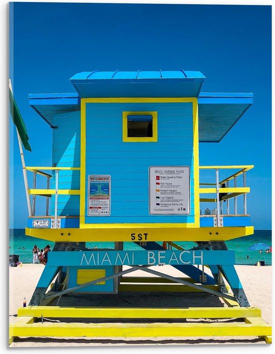 Acrylglas - Blauw Strandhuisje op Miami Beach - 30x40cm Foto op Acrylglas (Met Ophangsysteem)