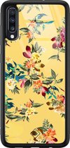 Samsung A50 hoesje glass - Bloemen geel flowers | Samsung Galaxy A50 case | Hardcase backcover zwart