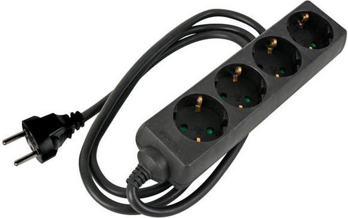 HQ-Power Stekkerdoos, 4 stopcontacten met randaarde (Schuko, type F), kabel 1.5 m, 3G2.5, met krimpkous voor etikettering, gebruik binnenshuis, zwart