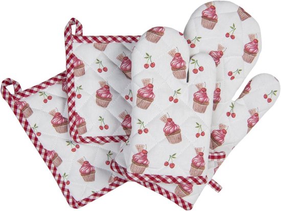 Clayre & Eef Gant de four pour enfants 12x21 cm Rouge Rose Coton Cupcakes