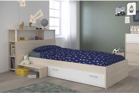 CHARLEMAGNE Set bed + hoofdeinde met opbergruimte - Eigentijdse stijl - Acacia helder en wit decor