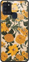 Samsung A21s hoesje glas - Retro flowers - Hard Case - Zwart - Backcover - Bloemen - Geel