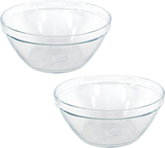 2x Glazen chipsschalen/keukenschalen Pompei 20 cm/2 liter - Schalen/kommen/mengkommen van glas