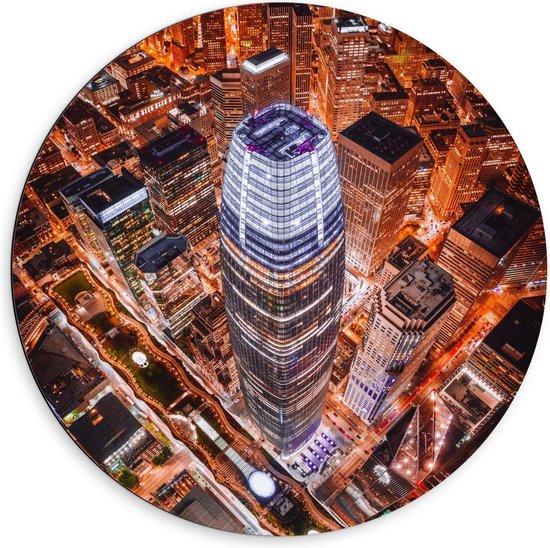 Dibond Wandcirkel - Salesforce Tower Verlichting - San Francisco - 60x60cm Foto op Aluminium Wandcirkel (met ophangsysteem)