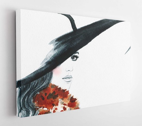 Beau visage. Portrait de femme au chapeau. aquarelle abstraite .fashion  fond - toile... | bol.com