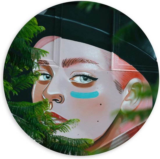 Forex Wandcirkel - Muurschildering van Vrouw met Blauwe Ogen en Neuspiercing met Planten - 100x100cm Foto op Wandcirkel (met ophangsysteem)