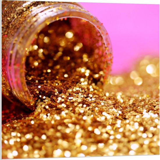 Forex - Potje Met Gouden Glitters Voor een Roze Achtergrond - 80x80cm Foto op Forex