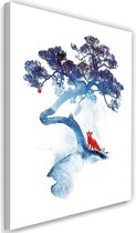Schilderij Vos en appel, 2 maten, blauw/rood (wanddecoratie)