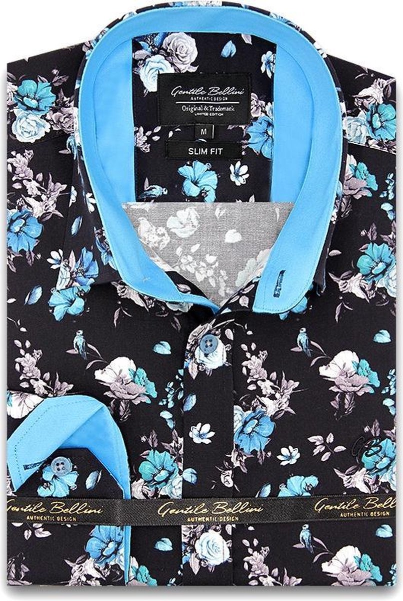 Heren Overhemd - Slim Fit - Hyacinth Print Satijn - Zwart - Maat M