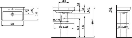 Lavabo Compact, 600x380 mm, 1 trou pour robinetterie, blanc