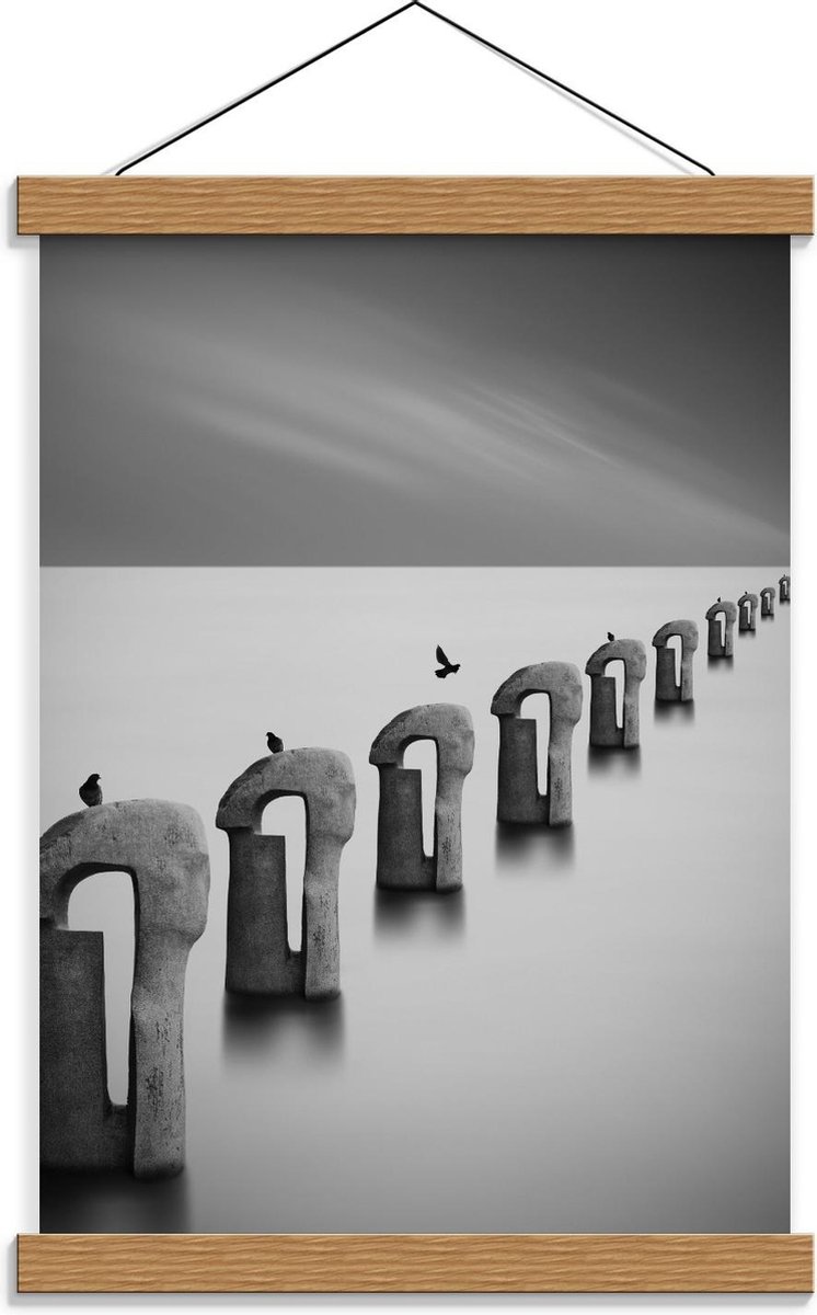 Schoolplaat – Vogels op Betonnen Palen ( Zwart Wit ) - 30x40cm Foto op Textielposter (Wand