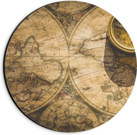 Dibond Wandcirkel - Kompas op oude Wereldkaart - Foto op Aluminium Wandcirkel (met ophangsysteem)