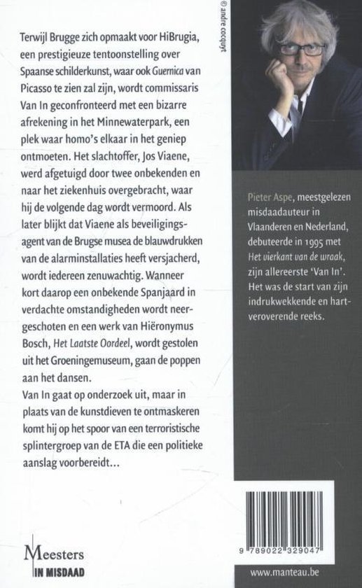 Achterkant van een boek met tekst en een foto van Pieter Aspe.