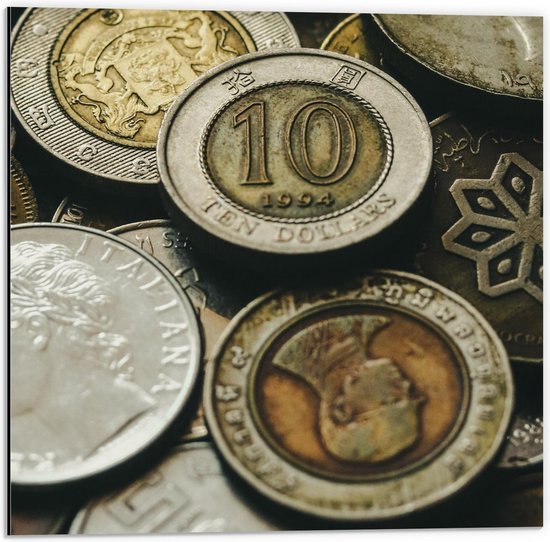 Dibond - Dollar Munten - 50x50cm Foto op Aluminium (Met Ophangsysteem)