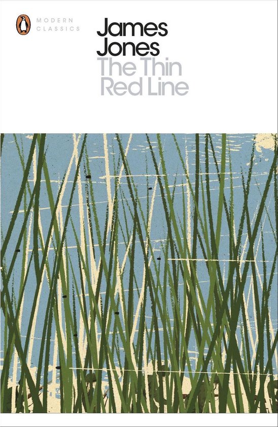 Livre 'The Thin Red Line' de James Jones. La couverture présente de longues herbes vertes sur un fond bleu abstrait avec des lignes blanches.
