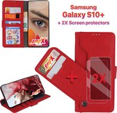 EmpX.nl Samsung Galaxy S10 Plus Rood  Boekhoesje en 2x Screen Protector | Portemonnee Book Case | Met Multi Stand Functie | Kaarthouder Card Case | Beschermhoes Sleeve | Met Pasjes