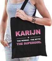 Naam cadeau Karijn - The woman, The myth the supergirl katoenen tas - Boodschappentas verjaardag/ moeder/ collega/ vriendin