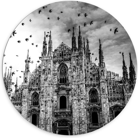 Dibond Wandcirkel - Kathedraal van Milaan met Vogels Zwart - Wit - 100x100cm Foto op Aluminium Wandcirkel (met ophangsysteem)