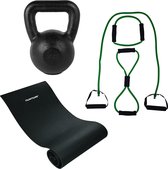 Tunturi - Fitness Set - Kettlebell 16 kg - Fitnessmat 160 x 60 x 0,7 cm - Tubing Set Groen
