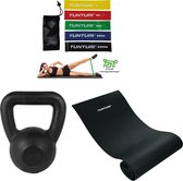 Tunturi - Fitness Set - Kettlebell 12  kg - Fitnessmat 160 x 60 x 0,7 cm - Weerstandsbanden 5 stuks